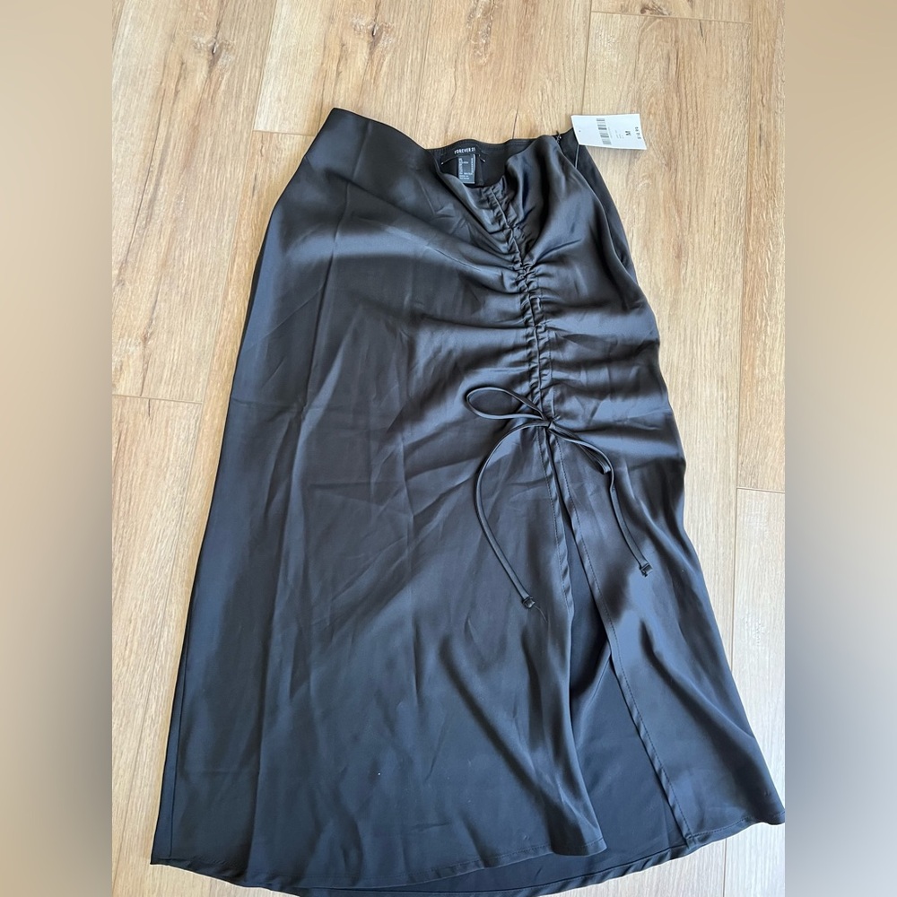 Forever 21 Black Satin Ruched Tie-Front Midi Skirt